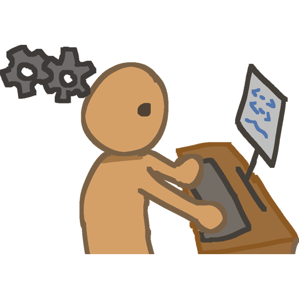 A picture of a pale-tannish person at a computer typing 
Two gray gears are to the left